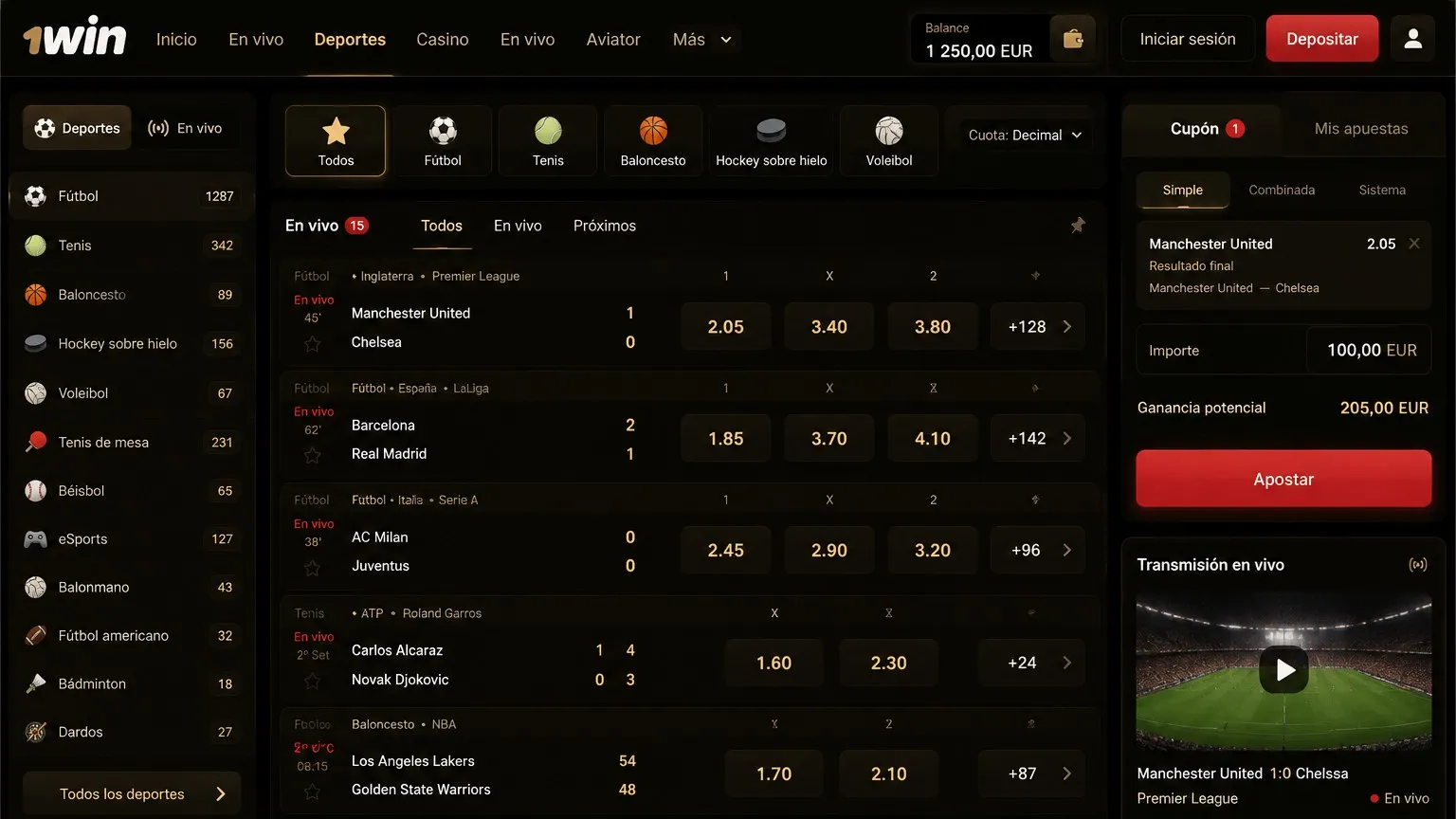 Apuestas deportivas en 1win bet: prepartido y en directo