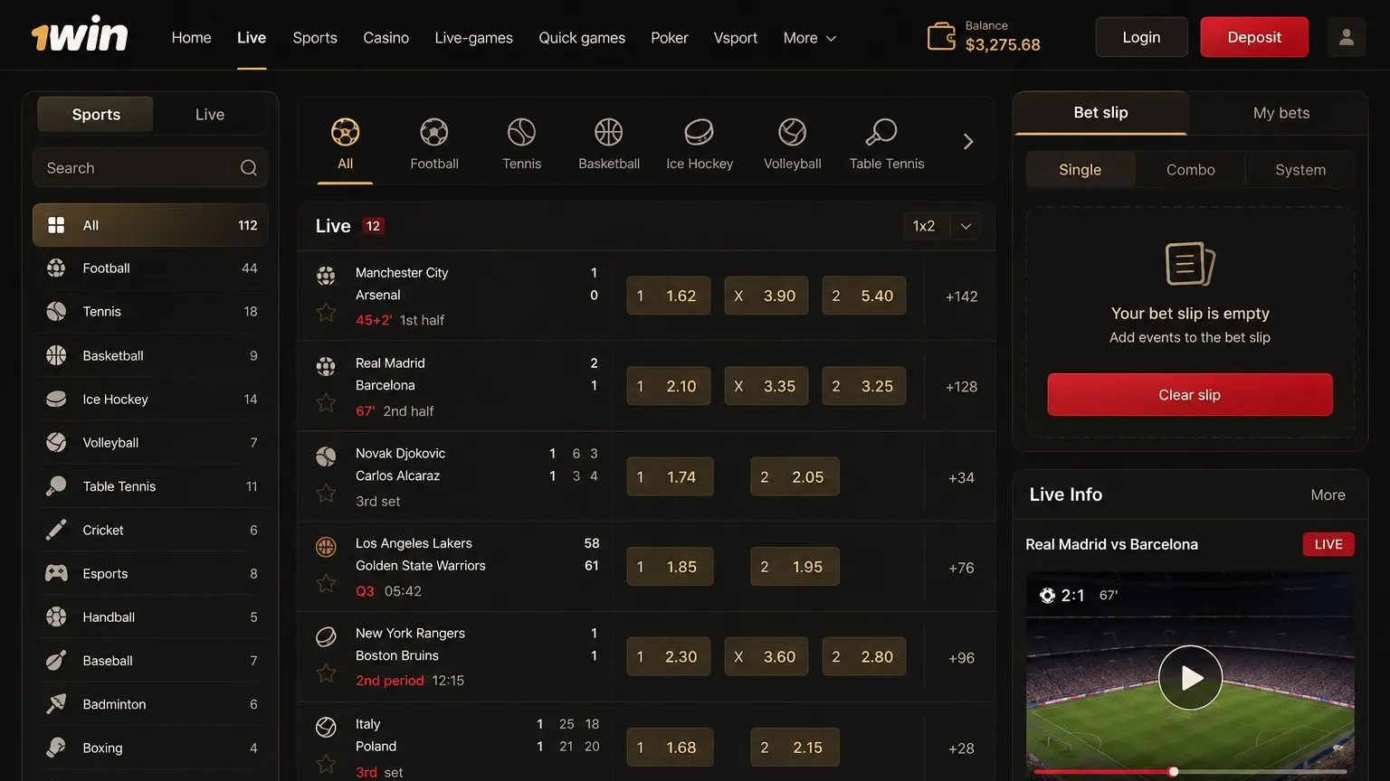 1win bet: sports markets and match coverage