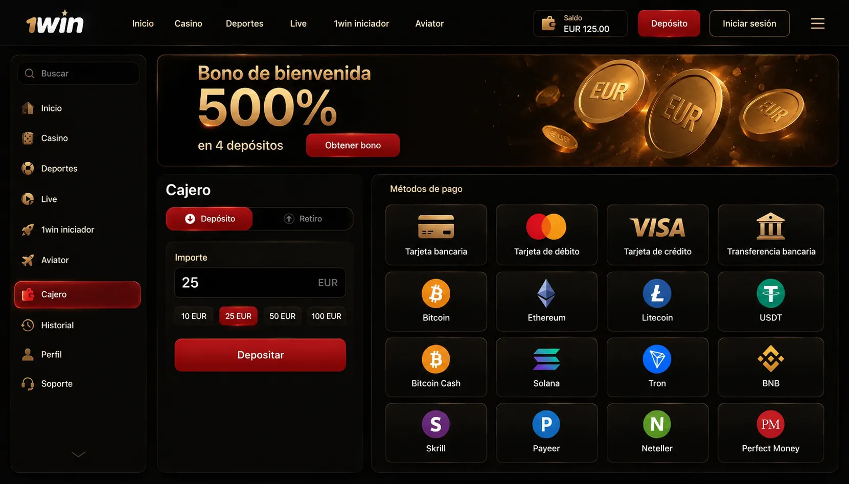 Depósitos y retiros en 1win